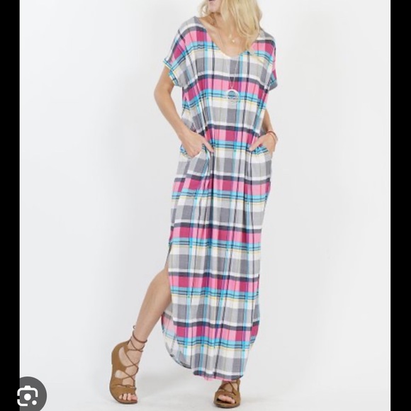 42 POPS Plus Size Plaid Maxi Dress - V-Neck, Pockets, Side Slits - Size 3X EUC - Picture 2 of 12